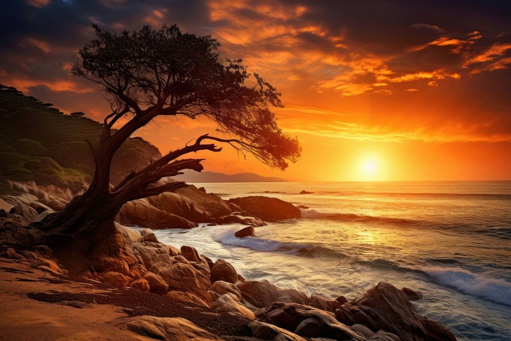 Scenic seashore sunset landscape outdoors. AI generated Image by rawpixel.