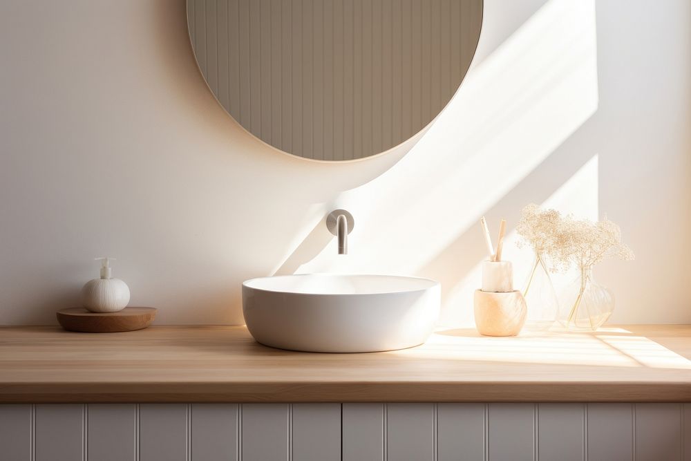Sink bathtub mirror wood. AI generated Image by rawpixel.