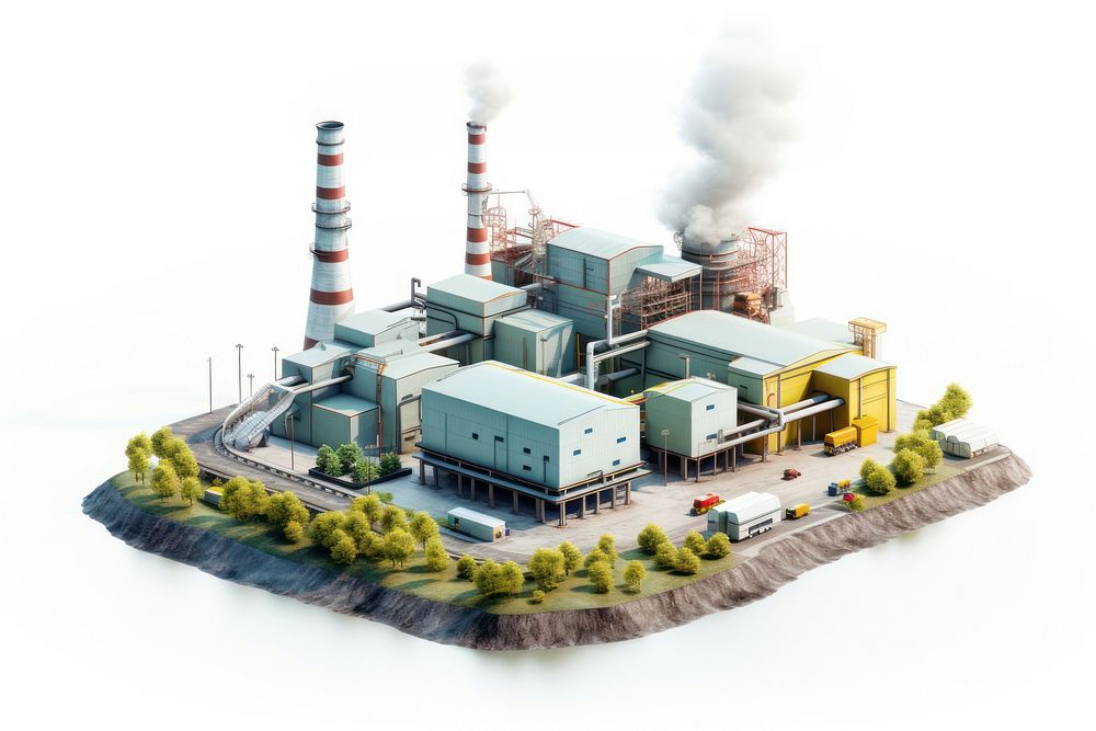 Factory architecture pollution white background. AI generated Image by rawpixel.