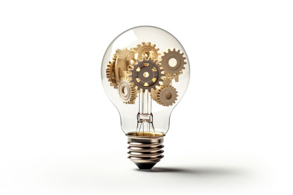 Light lightbulb gear white background. AI generated Image by rawpixel.