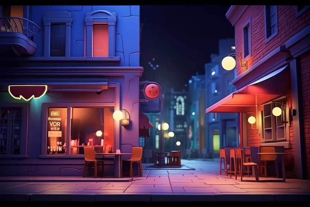 Restaurant lighting cartoon street. AI generated Image by rawpixel.
