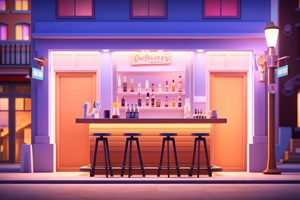Bar cartoon architecture illuminated. AI generated Image by rawpixel.