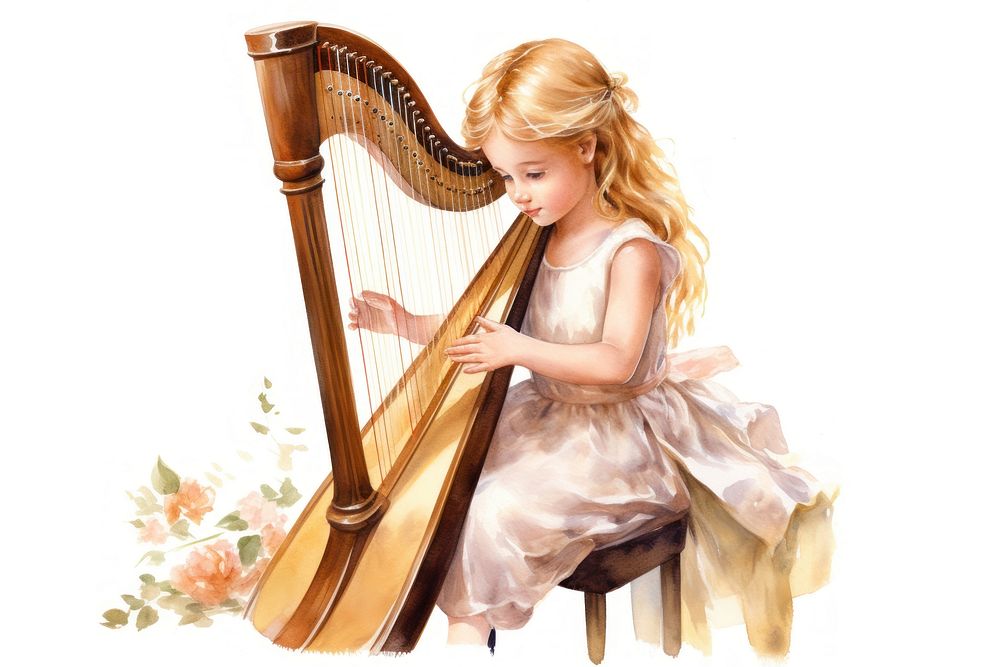 Harp girl white background performance. AI generated Image by rawpixel.