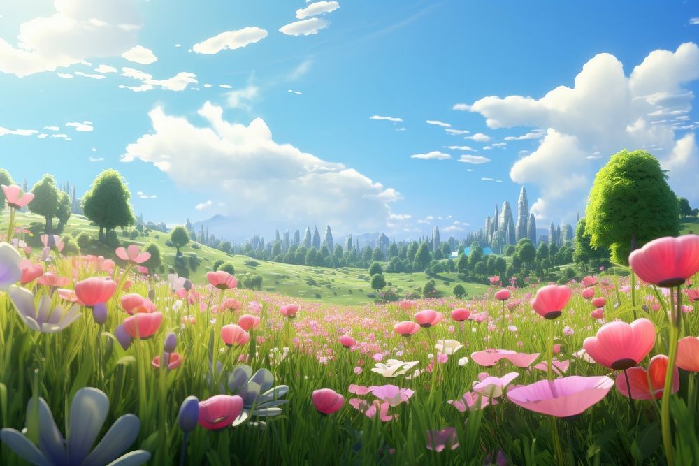 Flower field landscape grassland. AI generated Image by rawpixel.