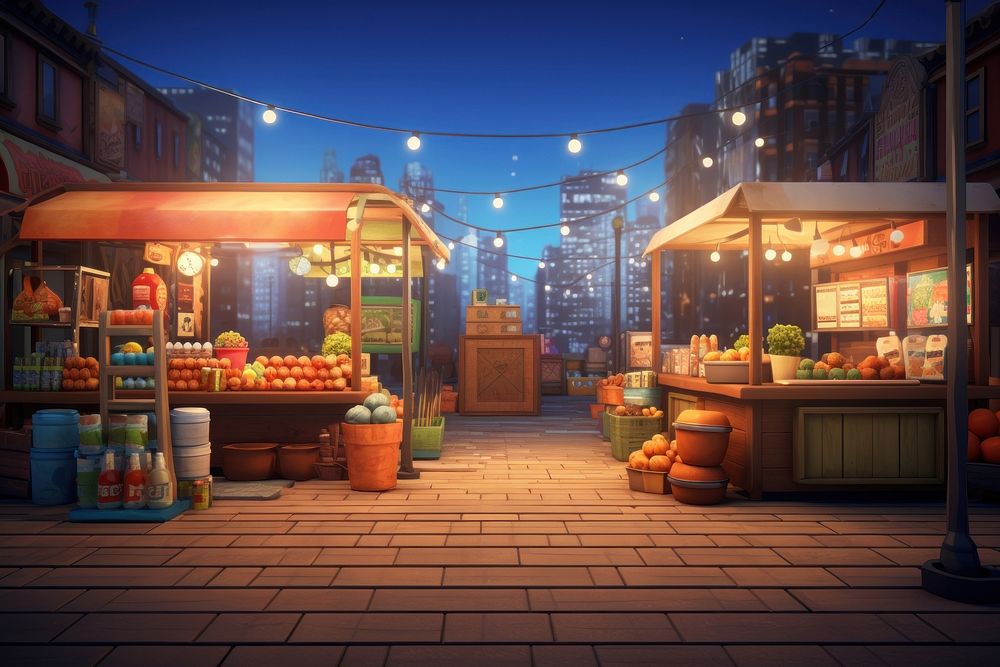 Market cartoon street night. AI generated Image by rawpixel.