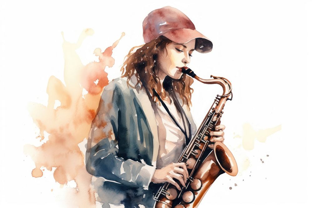 Woman playing saxophone adult white background saxophonist. AI generated Image by rawpixel.