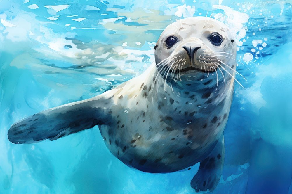 Seal animal mammal blue, digital paint illustration. AI generated image