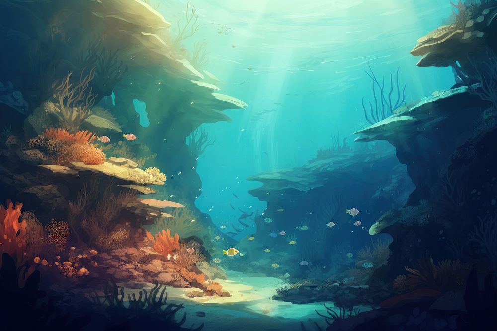 Underwater sea aquarium outdoors, digital paint illustration.