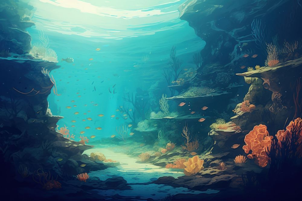 Underwater sea outdoors aquarium, digital paint illustration. AI generated image