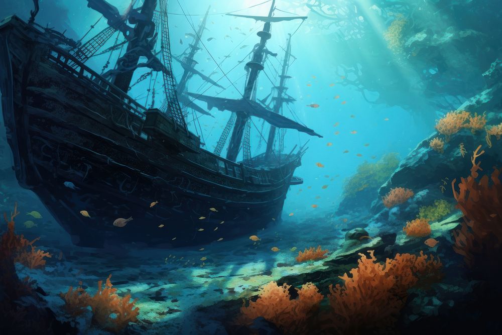 Ship sea underwater shipwreck, digital paint illustration. AI generated image