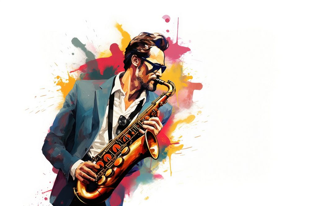Man playing saxophone drawing adult white background. AI generated Image by rawpixel.