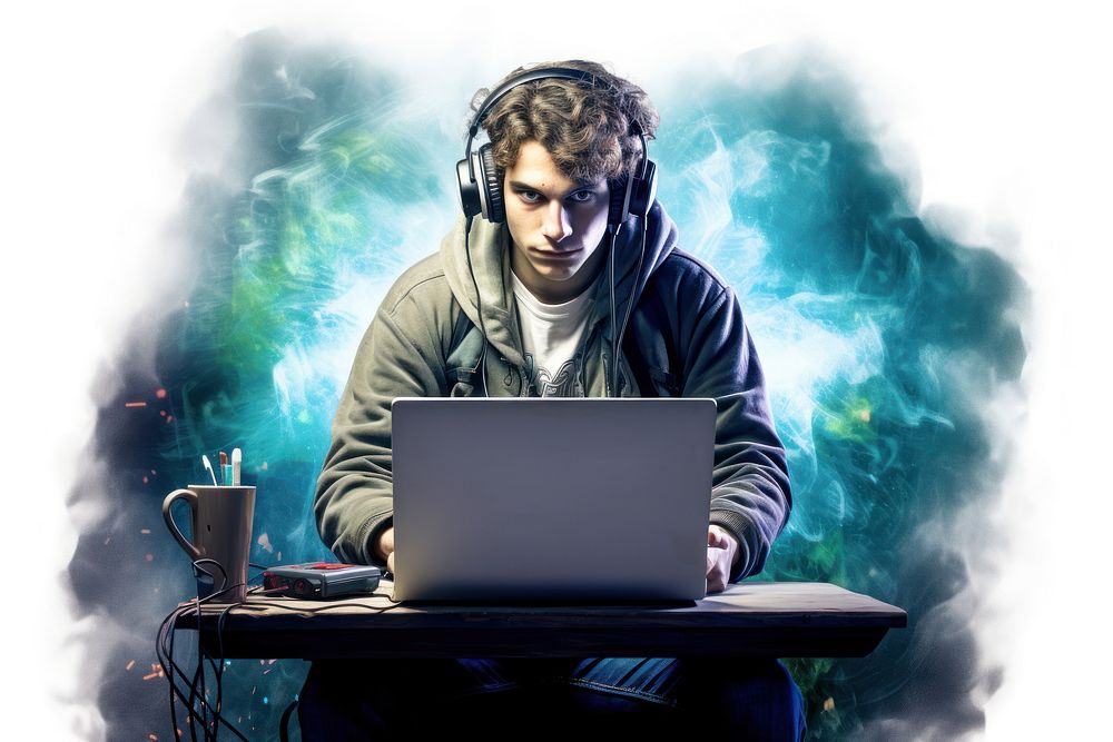 Computer headphones portrait laptop. AI generated Image by rawpixel.