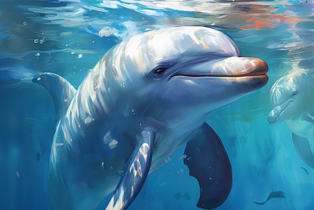Dolphin animal mammal fish, digital paint illustration. AI generated image