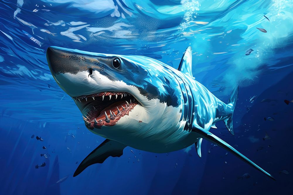 Shark animal fish blue, digital paint illustration. AI generated image
