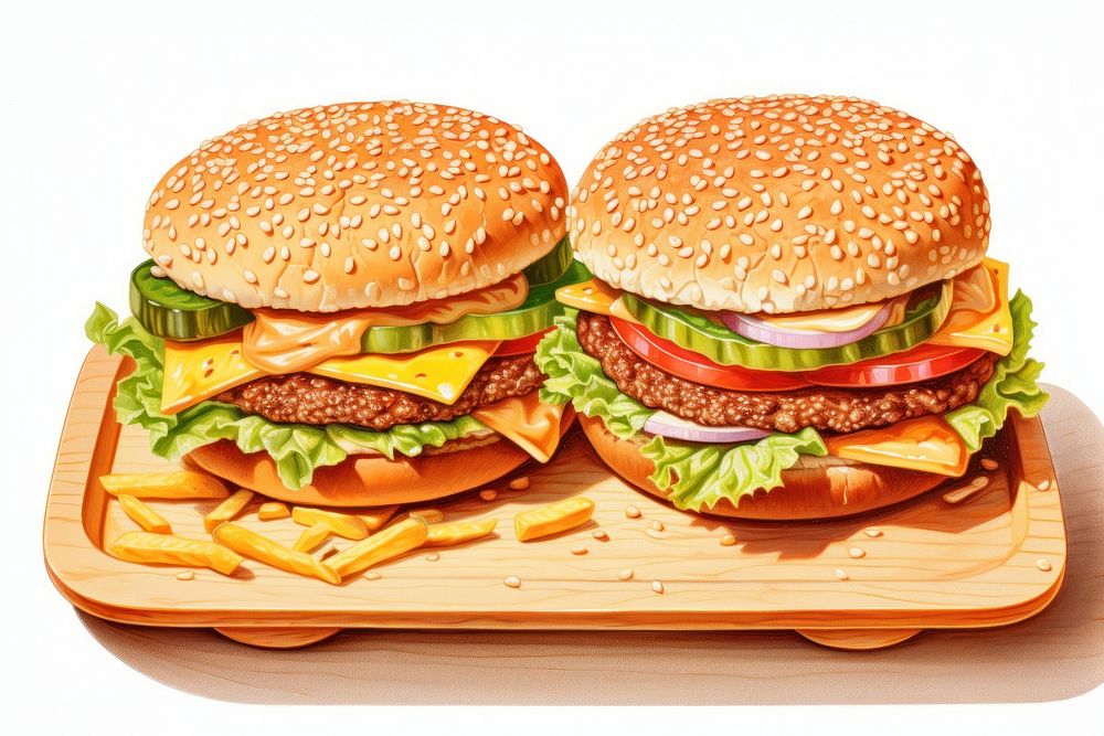 Hamburger food meal vegetable, digital paint illustration. AI generated image