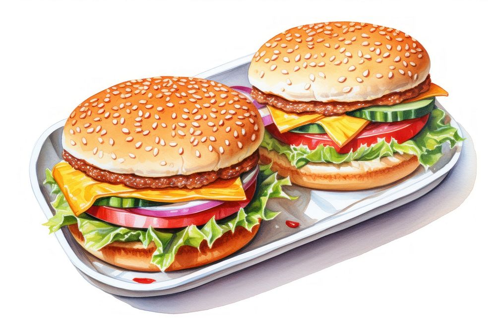 Hamburger lunch food meal, digital paint illustration. AI generated image