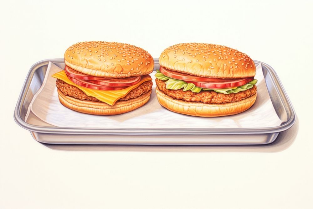 Hamburger bread lunch food, digital paint illustration. AI generated image