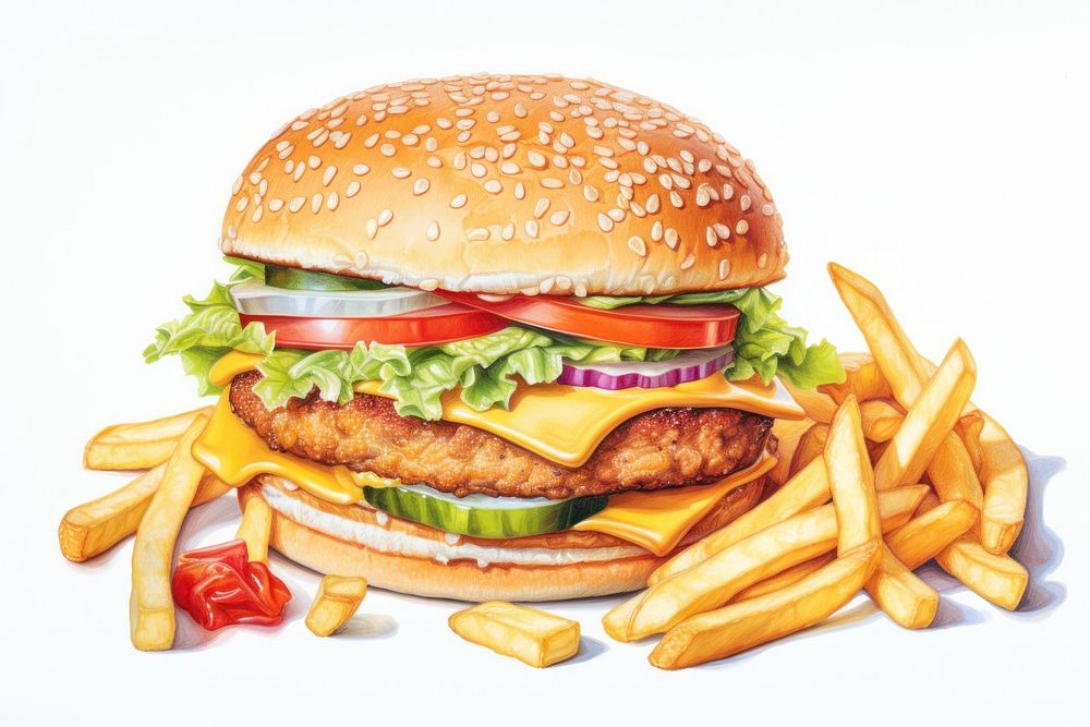 Food bread white background hamburger, digital paint illustration. AI generated image