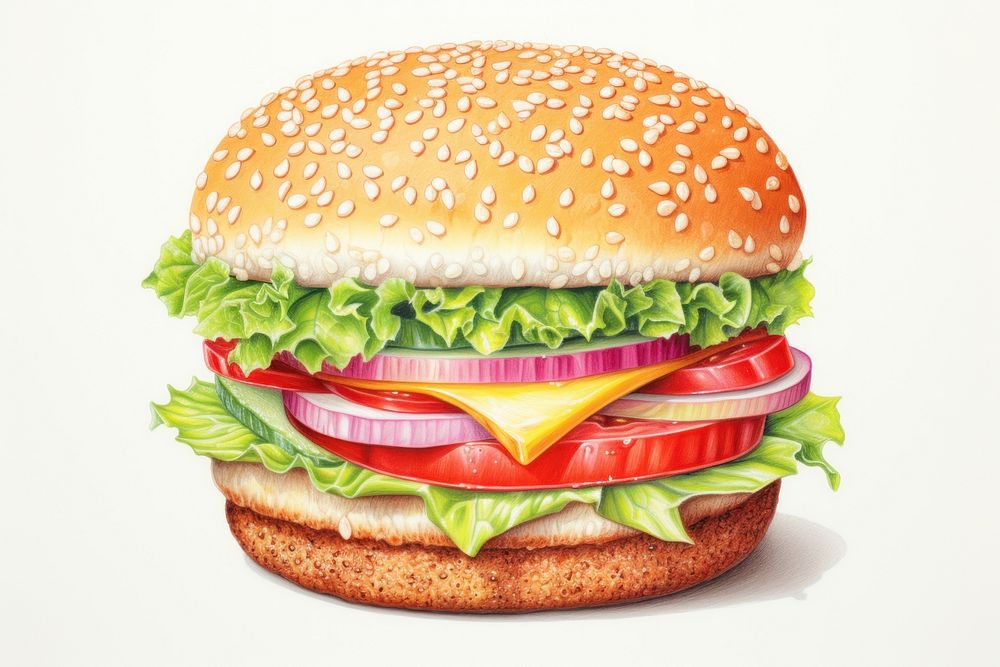 Hamburger food vegetable condiment, digital paint illustration.