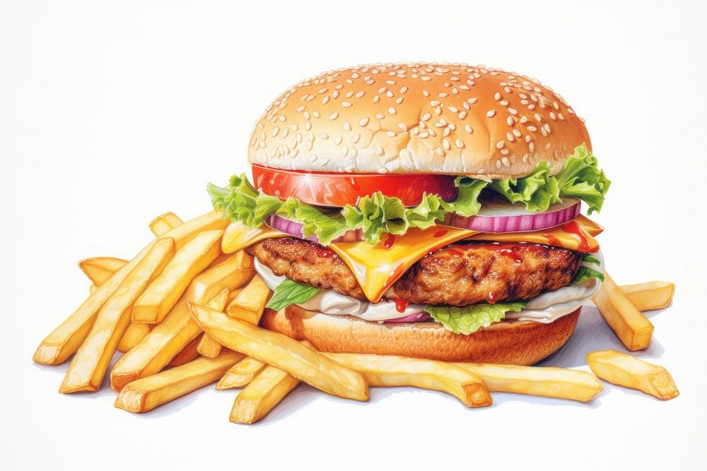 Food hamburger vegetable condiment, digital paint illustration. AI generated image