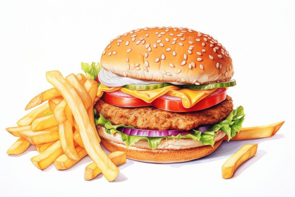 Food white background hamburger vegetable, digital paint illustration. AI generated image