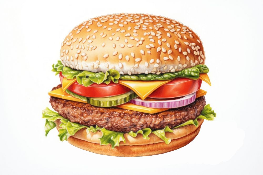 Hamburger food vegetable freshness, digital paint illustration.