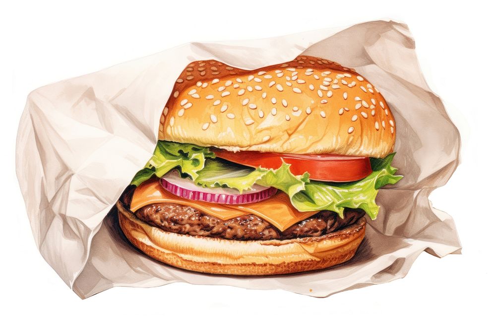Burger bread paper food, digital paint illustration. AI generated image