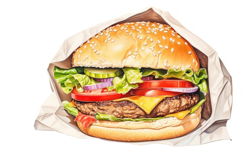 Burger bread paper food, digital paint illustration. AI generated image