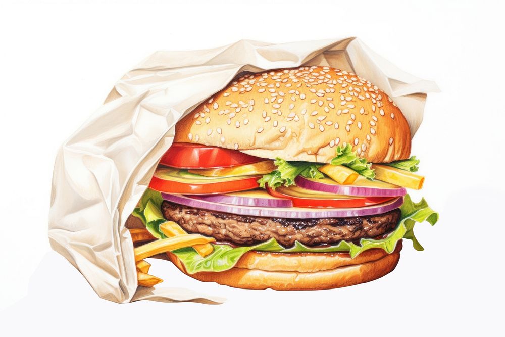 Burger paper food hamburger, digital paint illustration. AI generated image