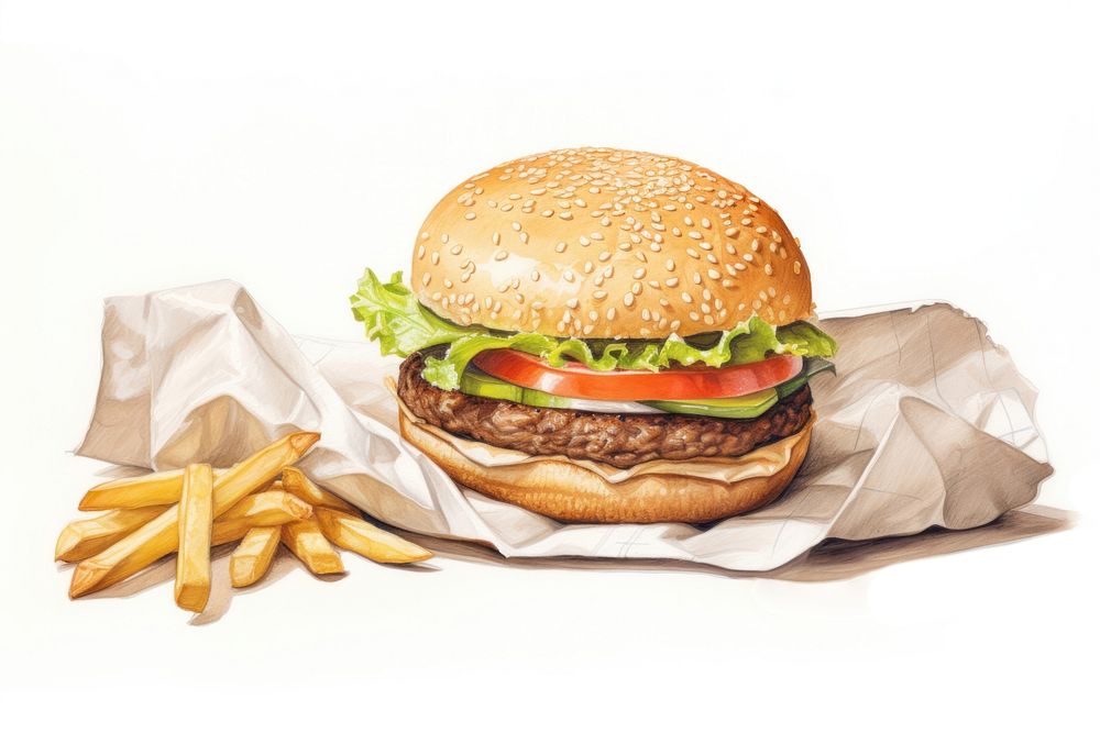 Burger paper food white background, digital paint illustration. AI generated image
