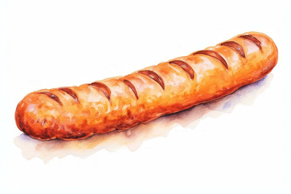 Baguette sausage grilled bread, digital paint illustration. AI generated image