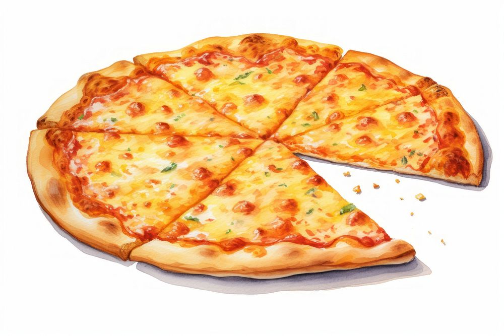 Pizza cheese food white background, digital paint illustration. AI generated image