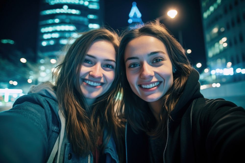 Selfie night city laughing. AI generated Image by rawpixel.