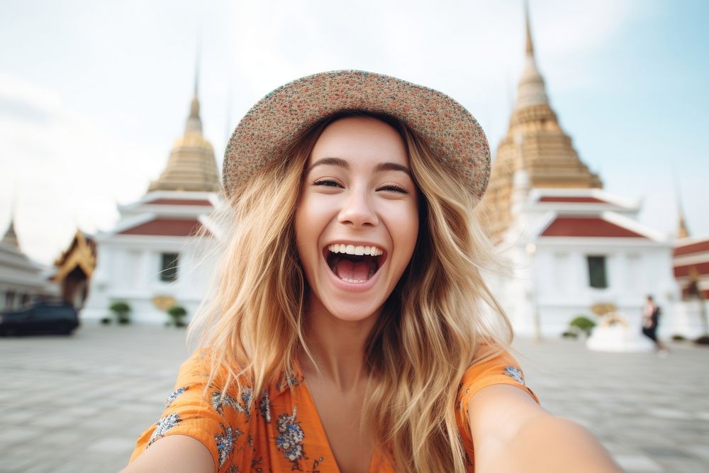 Laughing travel selfie adult. AI generated Image by rawpixel.