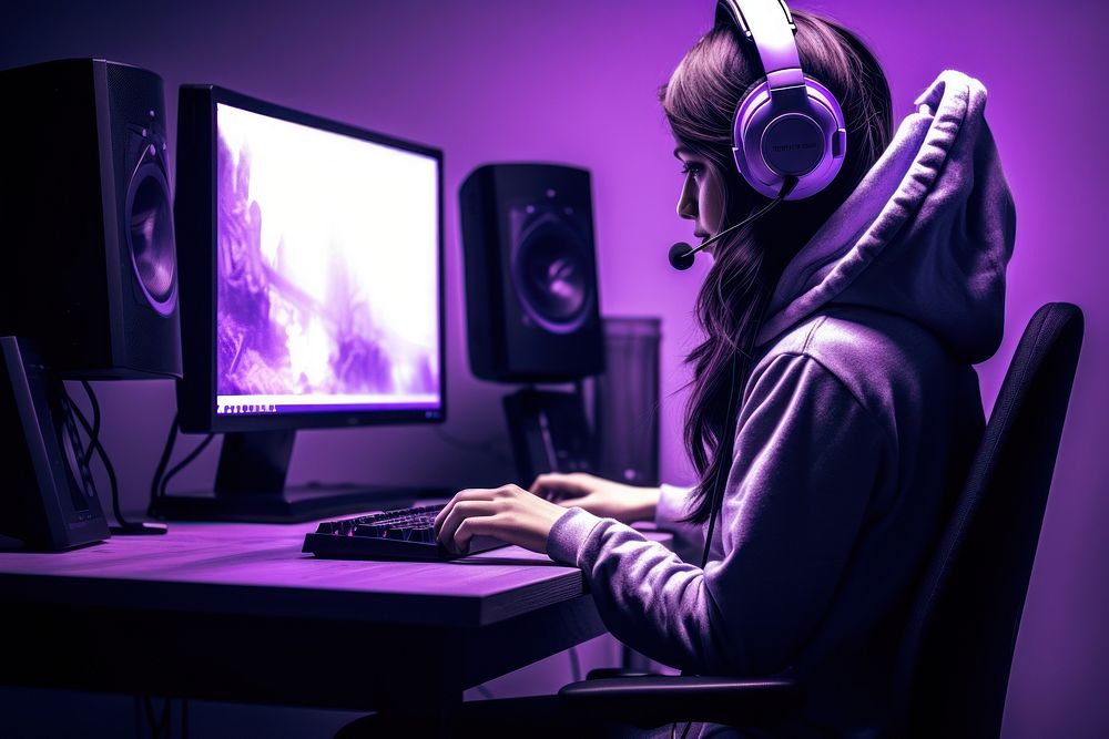 Headphones computer headset purple. 