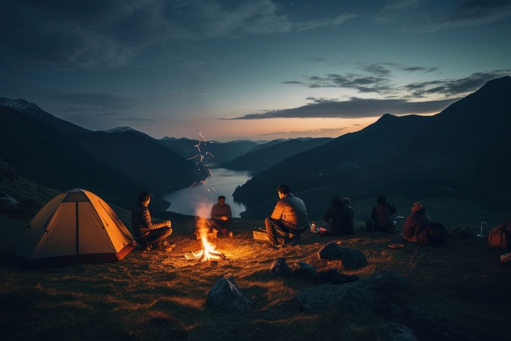 Bonfire tent mountain outdoors. AI generated Image by rawpixel.