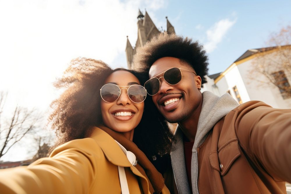 Selfie sunglasses laughing portrait. 