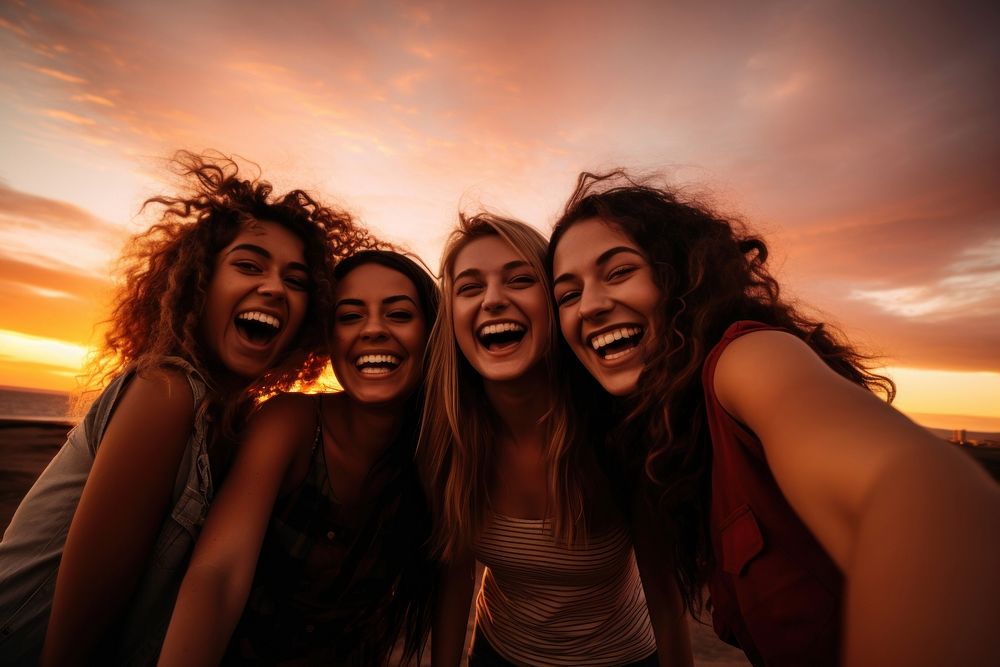 Laughing smiling sunset selfie. AI generated Image by rawpixel.
