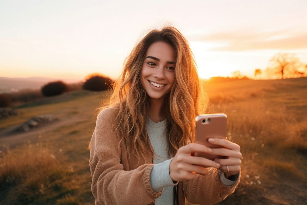 Selfie sunset smile photo. AI generated Image by rawpixel.