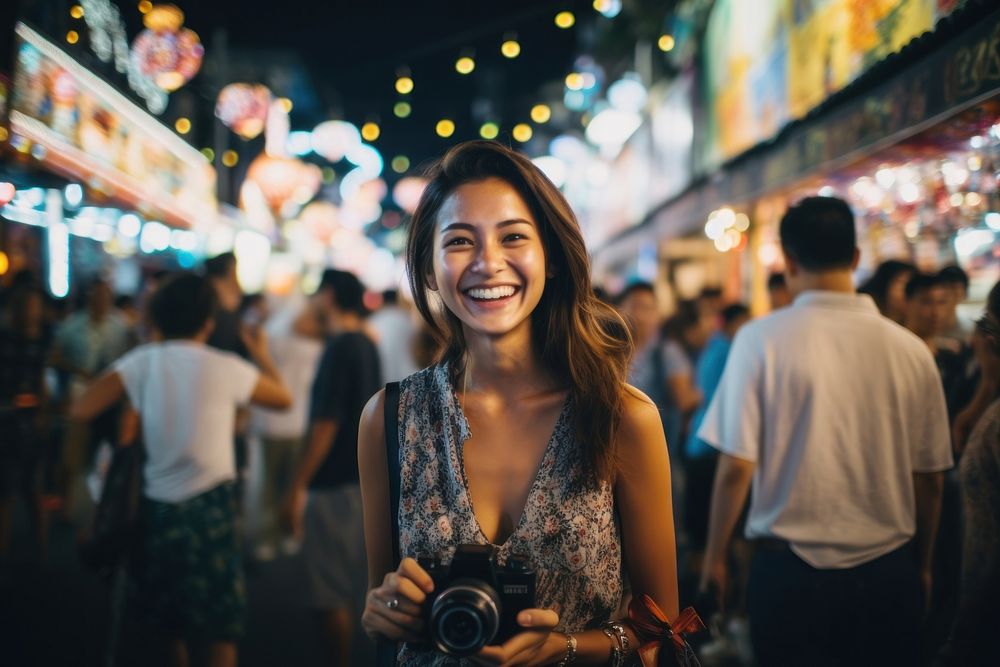 Portrait camera nightlife smiling. AI generated Image by rawpixel.