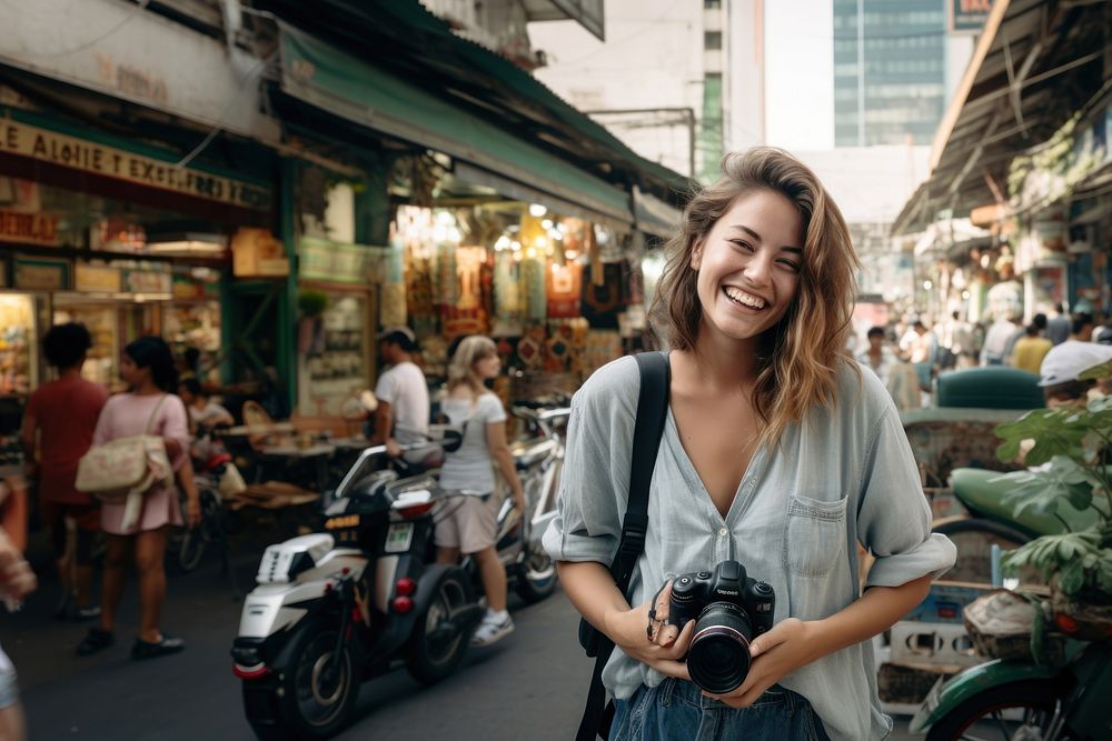 Portrait camera smiling holding. 