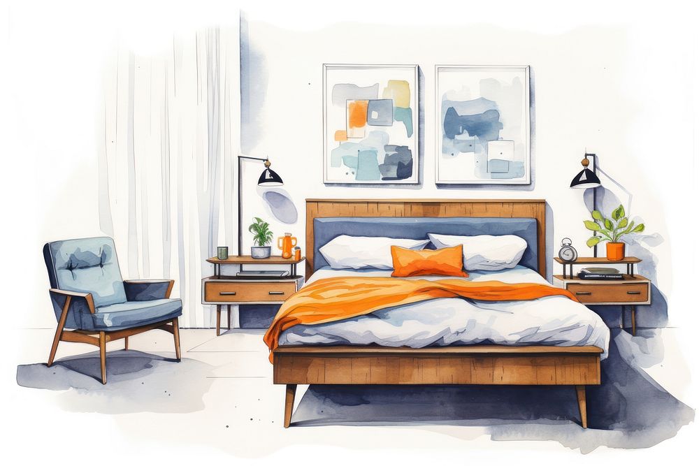 Bedroom furniture painting cushion. AI generated Image by rawpixel.