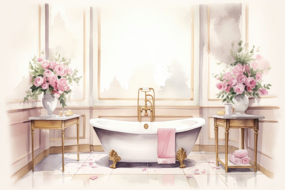 Toilet room bathtub flower plant. AI generated Image by rawpixel.