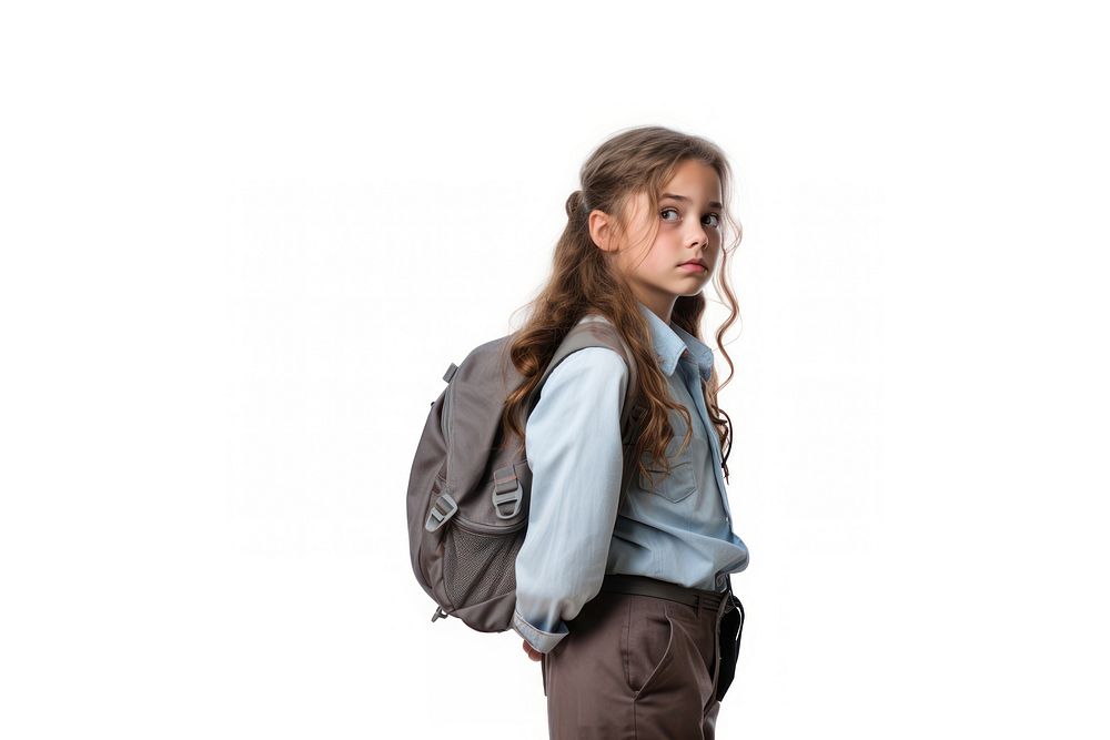 Backpack girl white background contemplation. AI generated Image by rawpixel.