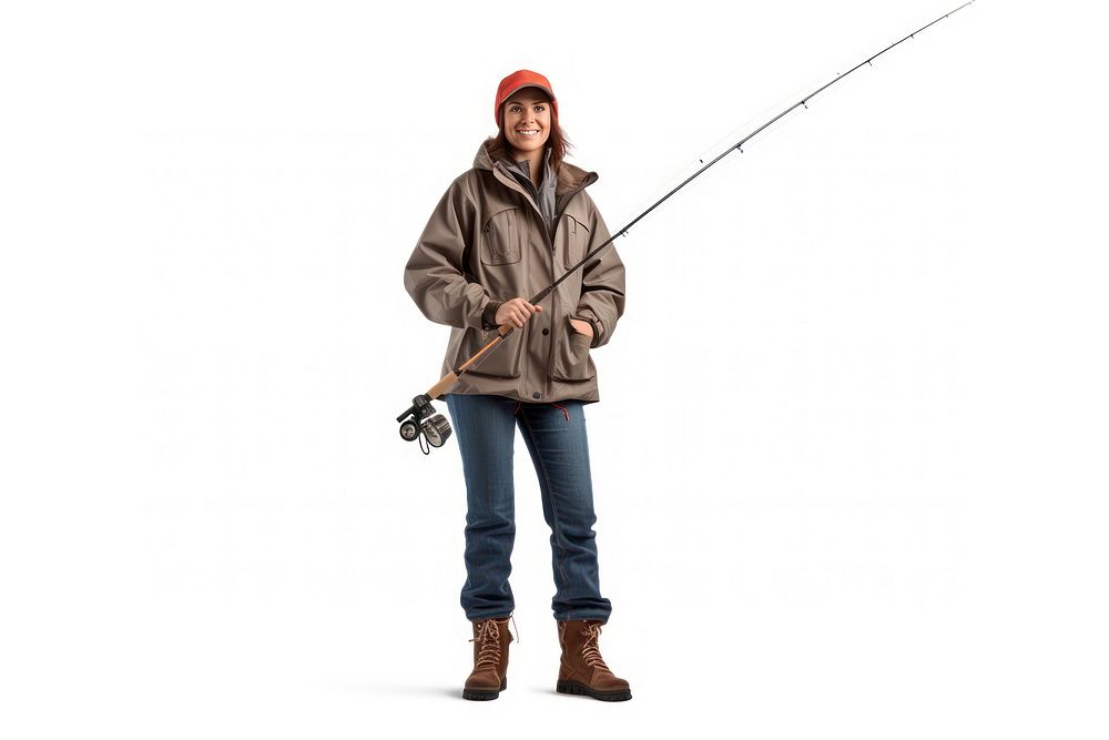 Fishing outdoors holding jacket. 