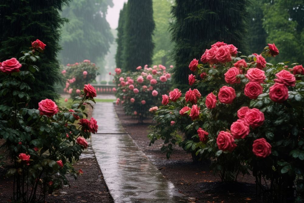 Garden rose rain outdoors. 