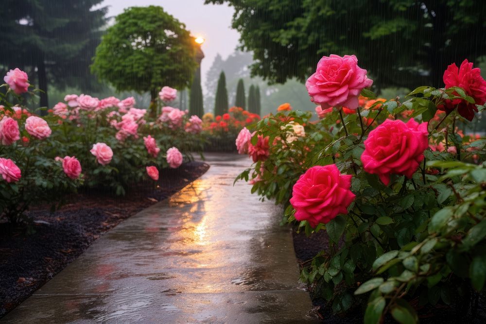 Garden rose rain outdoors. AI generated Image by rawpixel.
