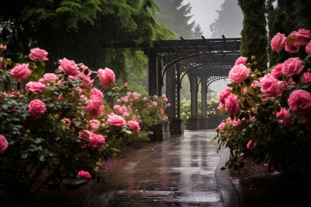 Garden rose rain architecture. AI generated Image by rawpixel.