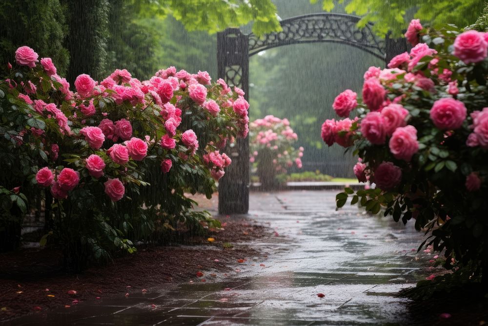 Garden rose rain architecture. AI generated Image by rawpixel.