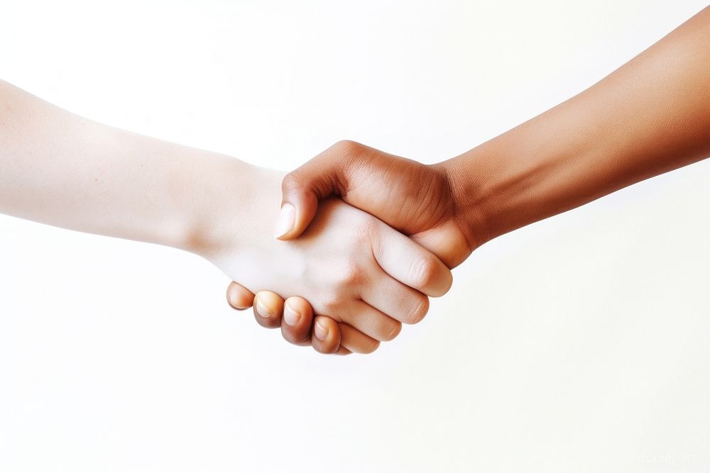 Handshake white background togetherness agreement. AI generated Image by rawpixel.